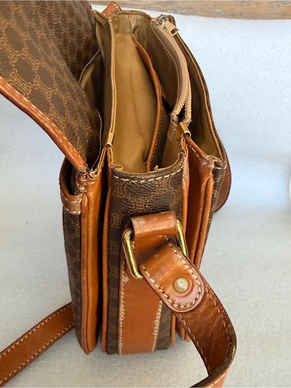 Celine Brown Macadam Print Crossbody with Tan Leather Trim and Gold Hardware - Picture 10 of 13